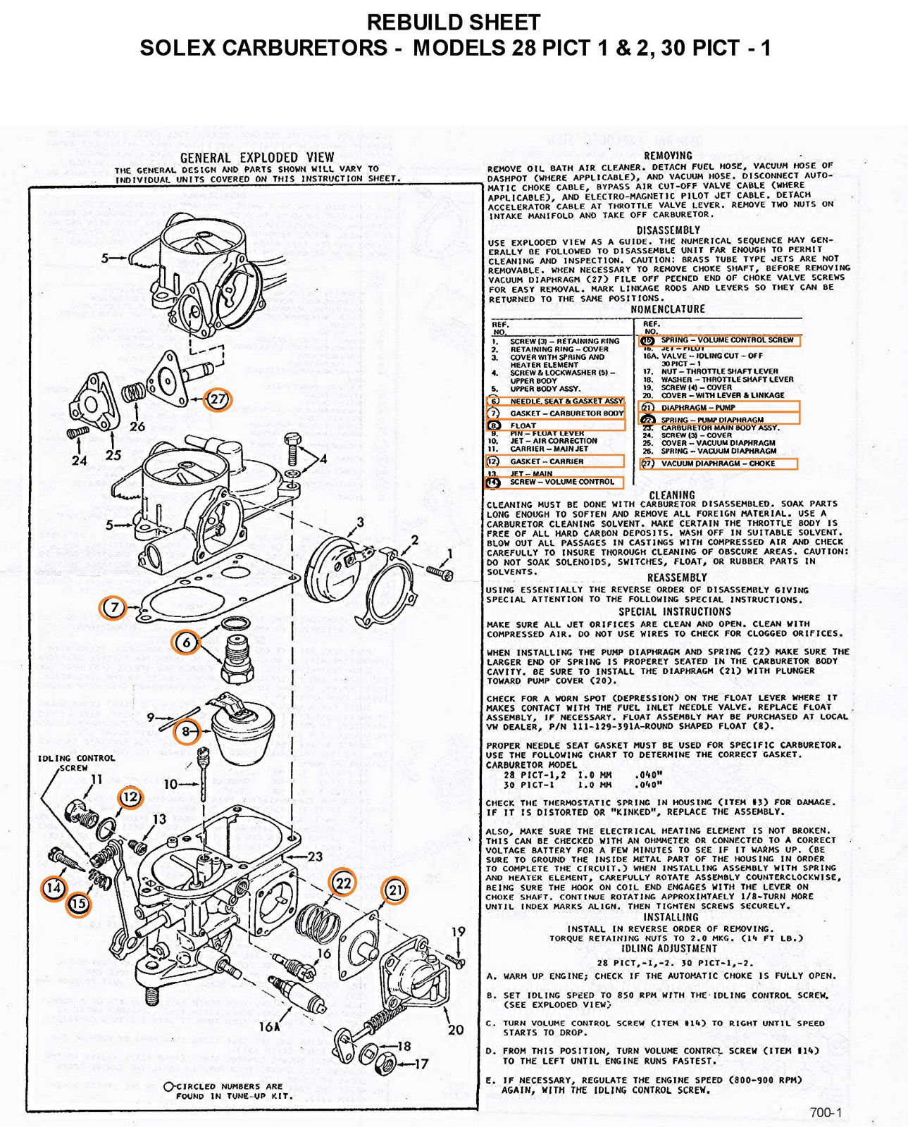VW Carburetor ReBuild Kit Universal WITH FLOATS 28/30/34 Pict-3 bug, bus,  ghia